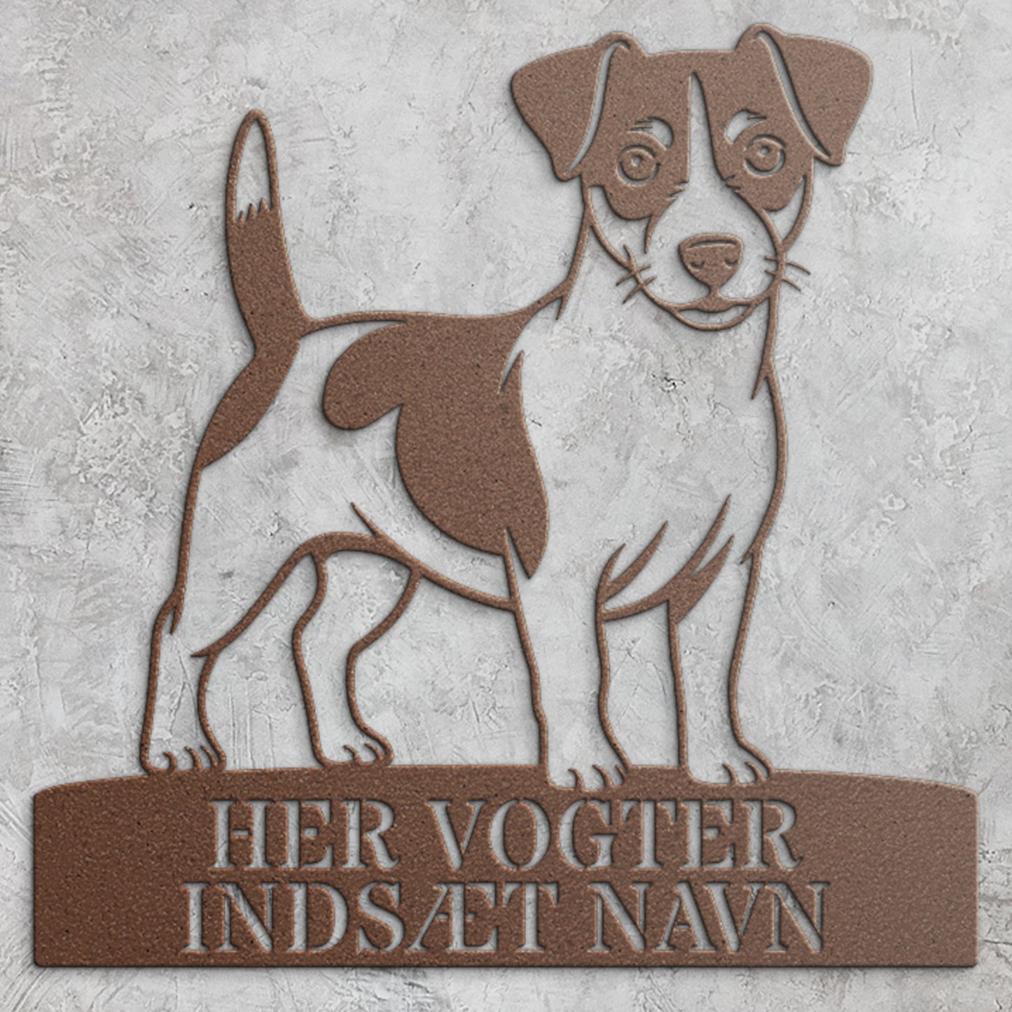 Her vogter jeg skilt. Personlig Jack Russell Terrier metal navneskilt med valgfri tekst.