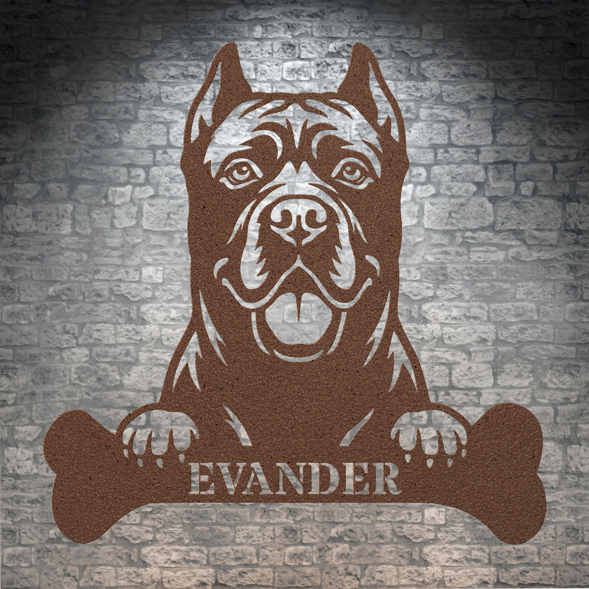 Cane Corso med kødben metalskilt med personlig navn