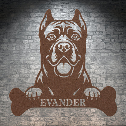 Cane Corso med kødben metalskilt med personlig navn