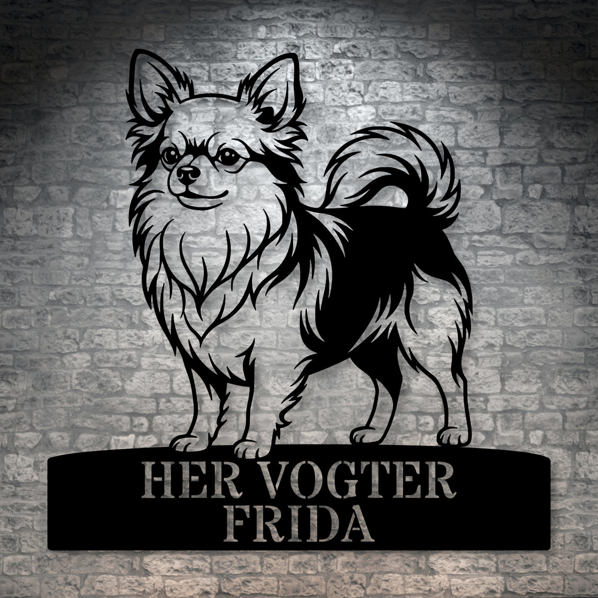 Langhåret Chihuahua her vogter jeg metalskilt med personlig tekst