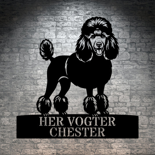 Unik her vogter jeg puddelhund metalskilt med personlig navn