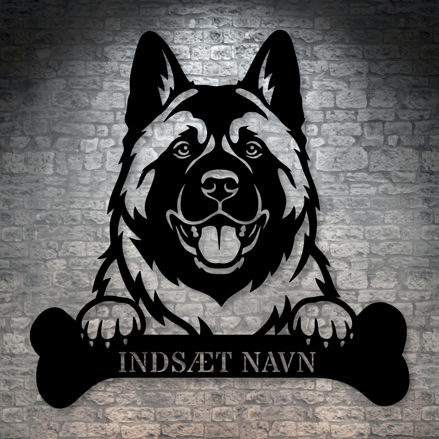 American Akita med kødben metalskilt med personlig navn