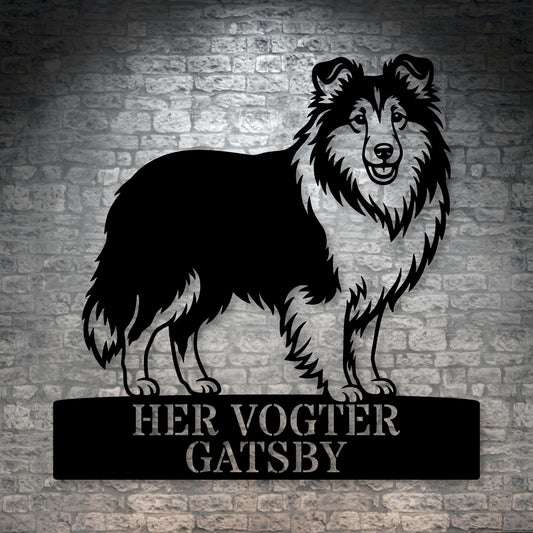 Personlig her vogter jeg Shetland Sheepdog metal navneskilt med navn