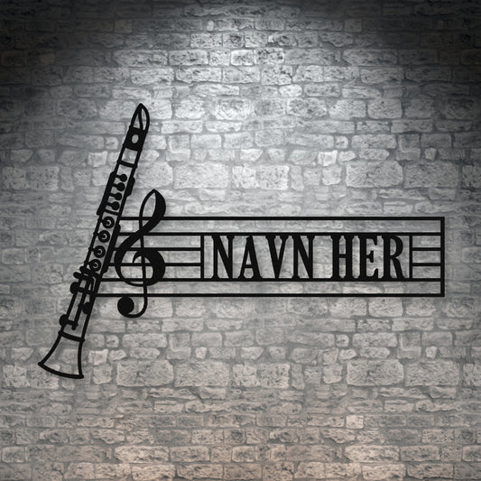 Klarinet navne vægskilt i sort med personlig tekst. Unik gaveidé til muikeren