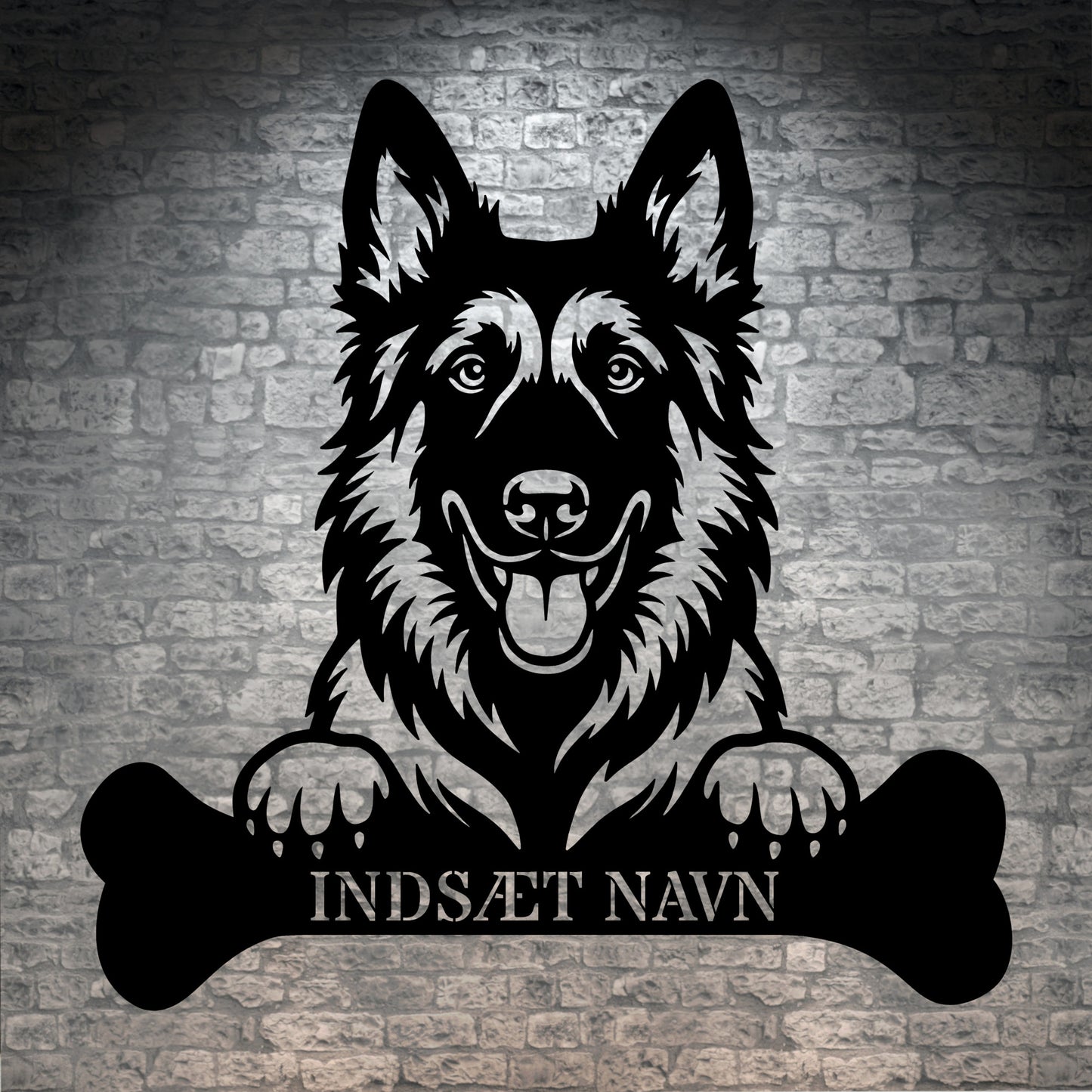 Belgisk Hyrdehund med kødben. Metalskilt med personlig navn