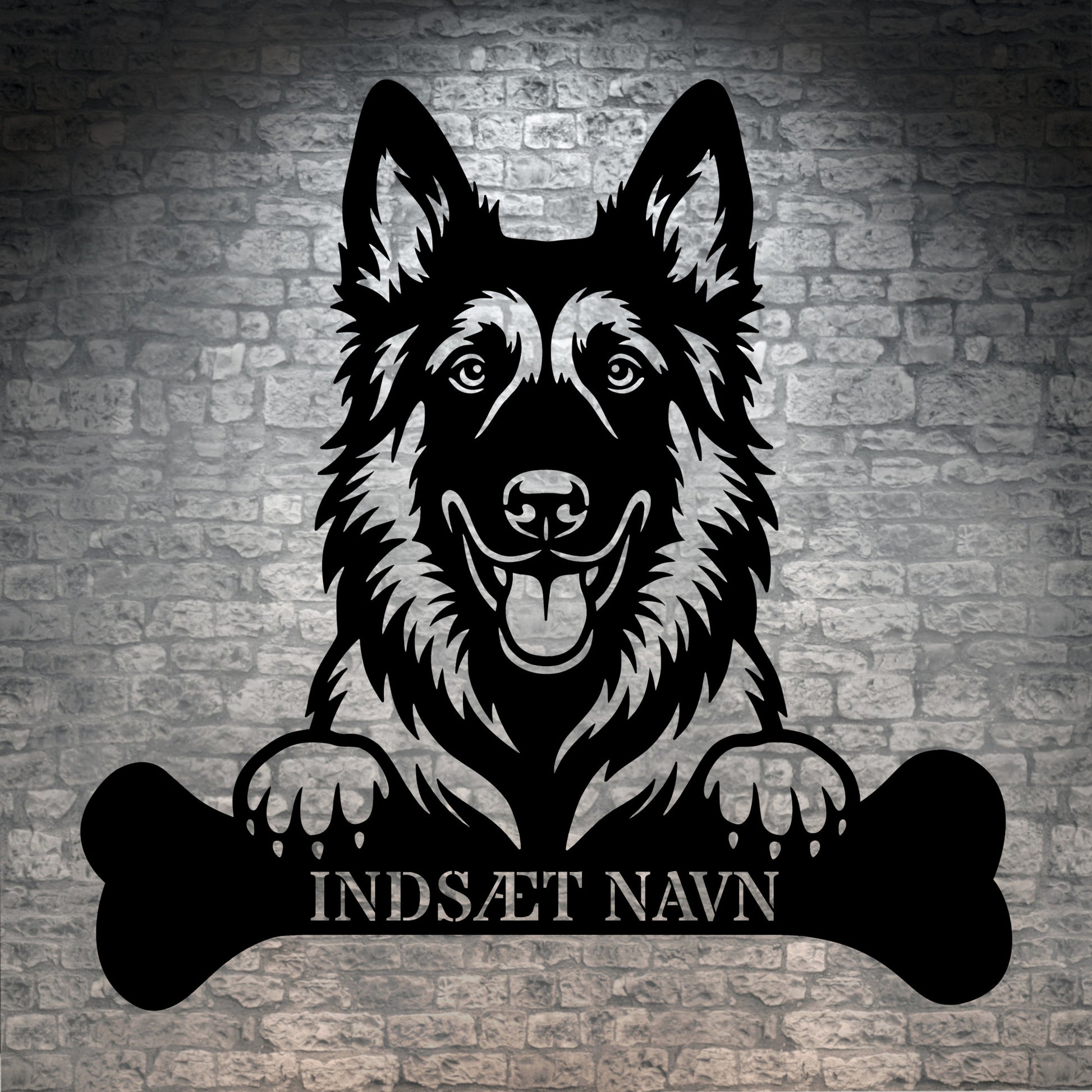 Belgisk Hyrdehund med kødben. Metalskilt med personlig navn