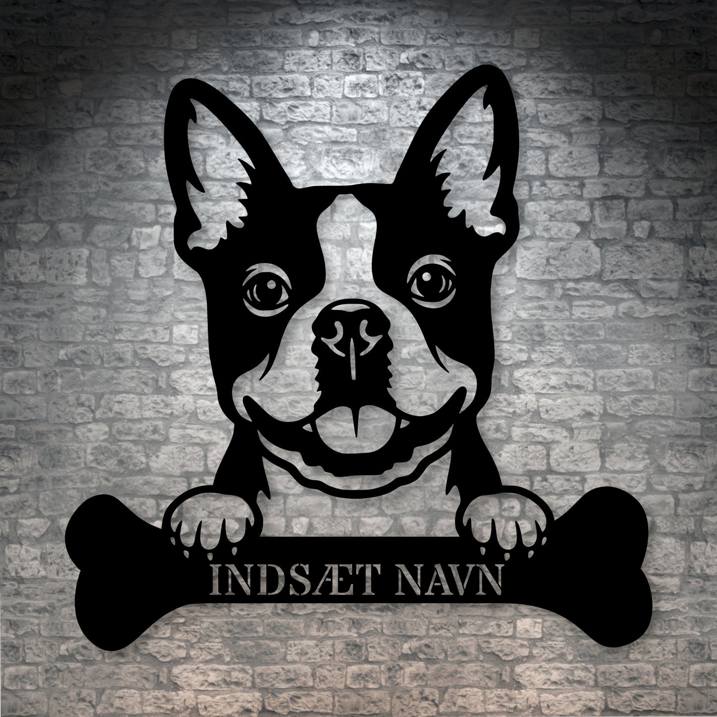 Boston terrier med kødben metalskilt med personlig navn