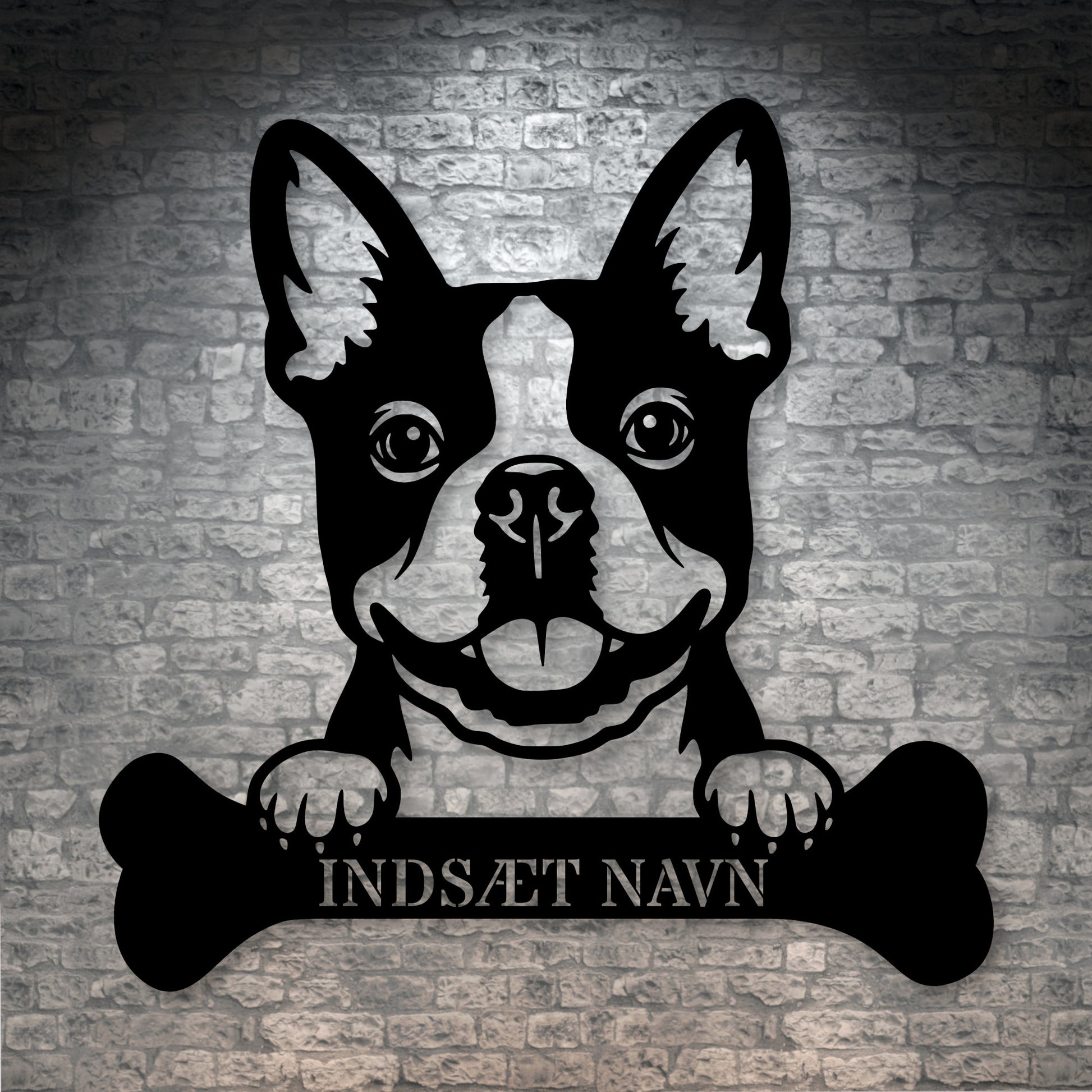 Boston terrier med kødben metalskilt med personlig navn
