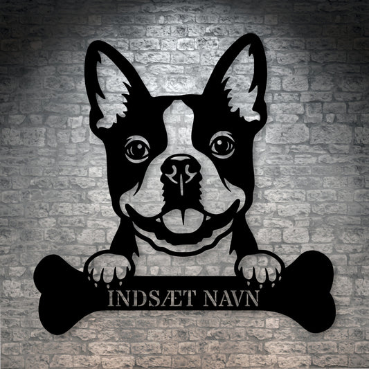 Boston terrier med kødben metalskilt med personlig navn