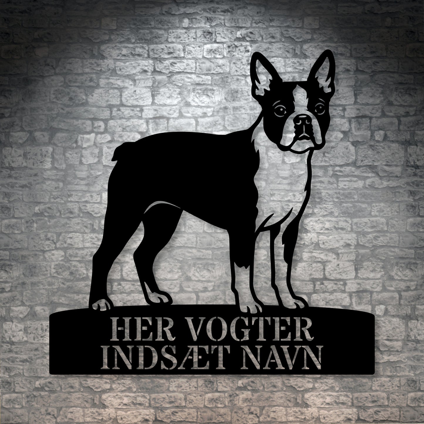 Her vogter jeg. Personlig boston terrier hunde metal navneskilt