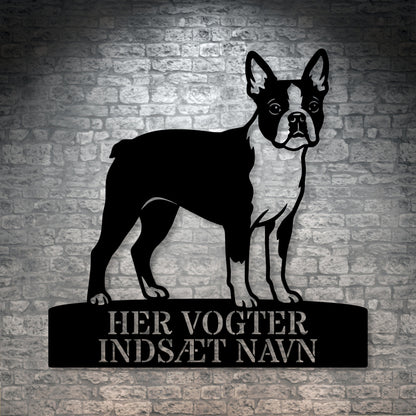 Her vogter jeg. Personlig boston terrier hunde metal navneskilt
