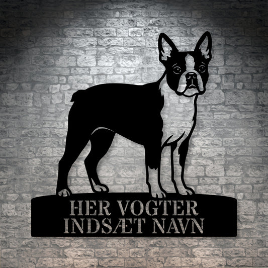Her vogter jeg. Personlig boston terrier hunde metal navneskilt