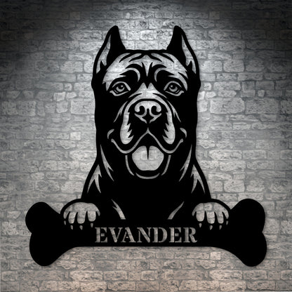 Cane Corso med kødben metalskilt med personlig navn