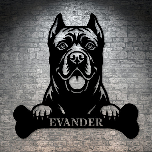 Cane Corso med kødben metalskilt med personlig navn
