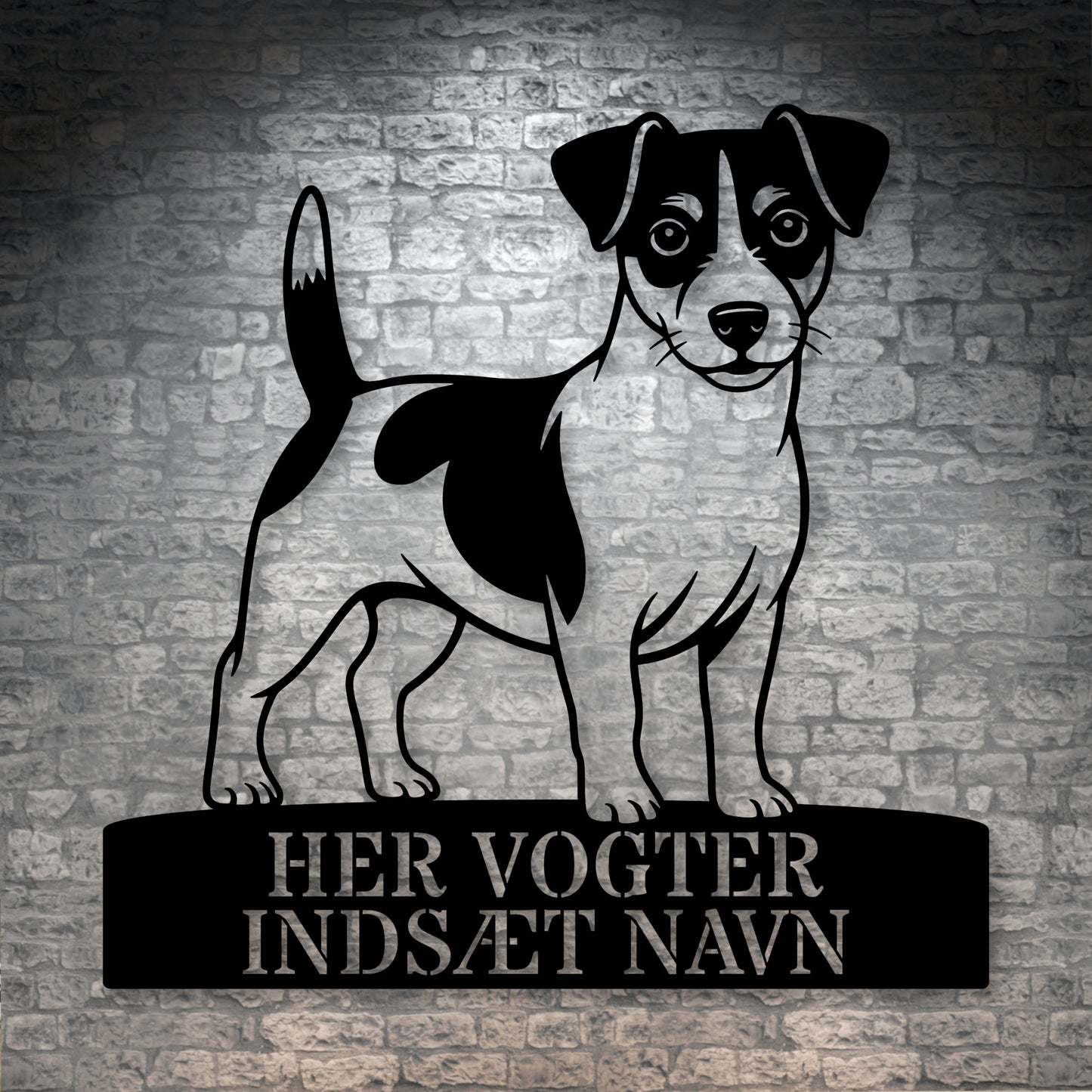 Her vogter jeg skilt. Personlig Jack Russell Terrier metal navneskilt med valgfri tekst.