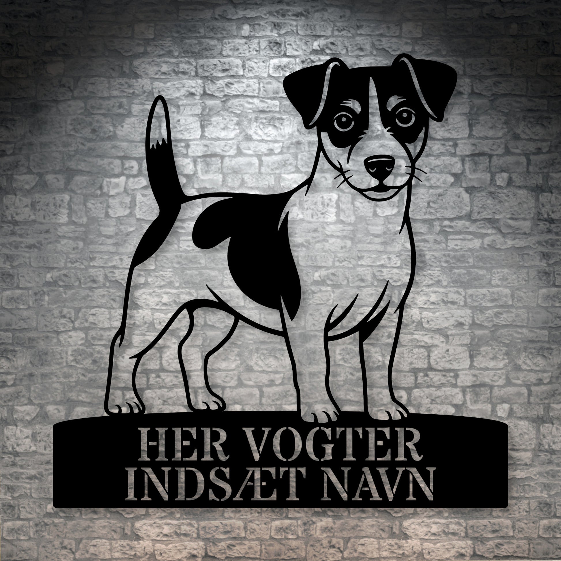 Her vogter jeg skilt. Personlig Jack Russell Terrier metal navneskilt med valgfri tekst.