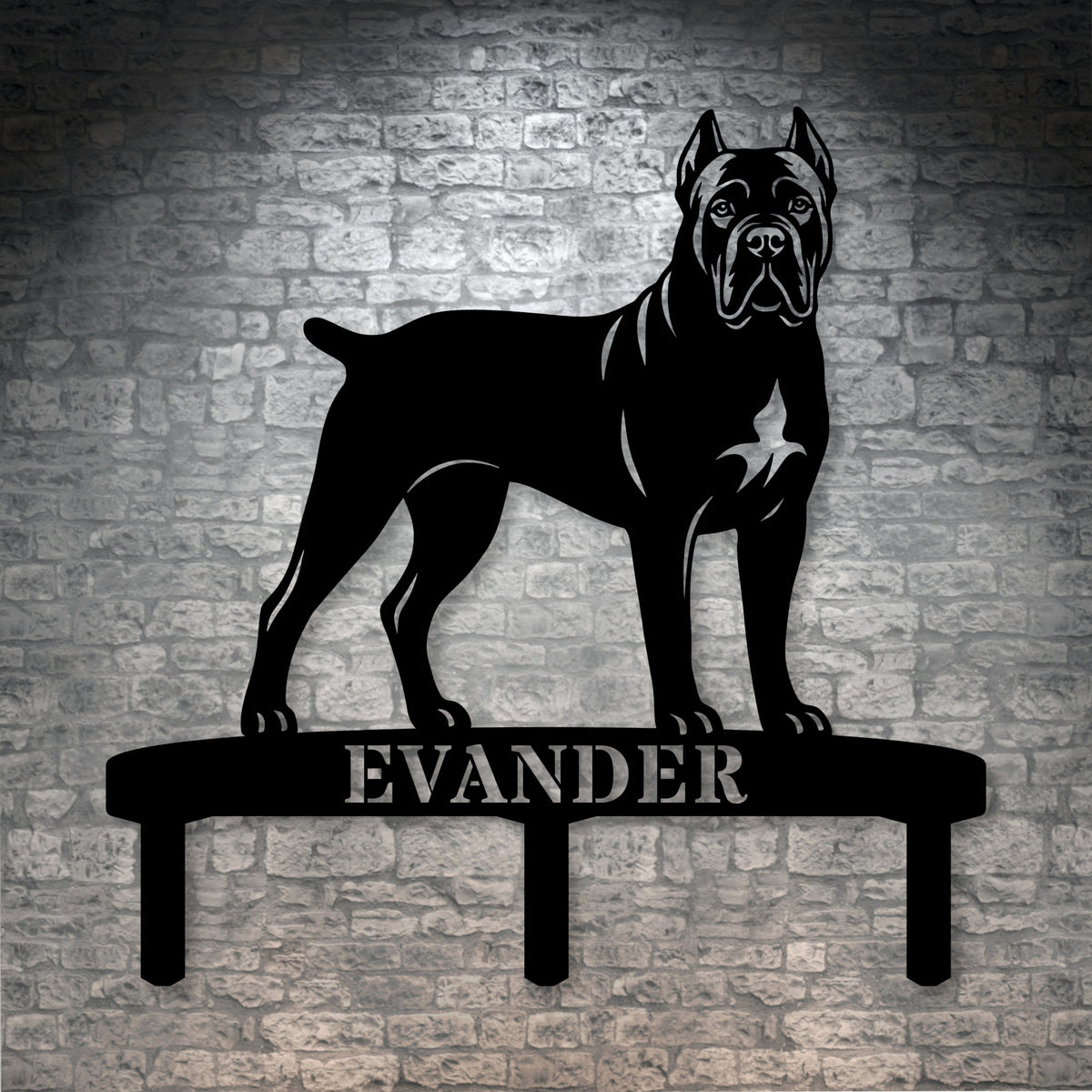 Personlig Cane Corso metalskilt til haven med hundenavn