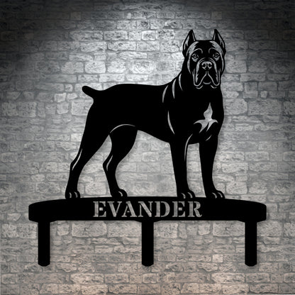 Personlig Cane Corso metalskilt til haven med hundenavn