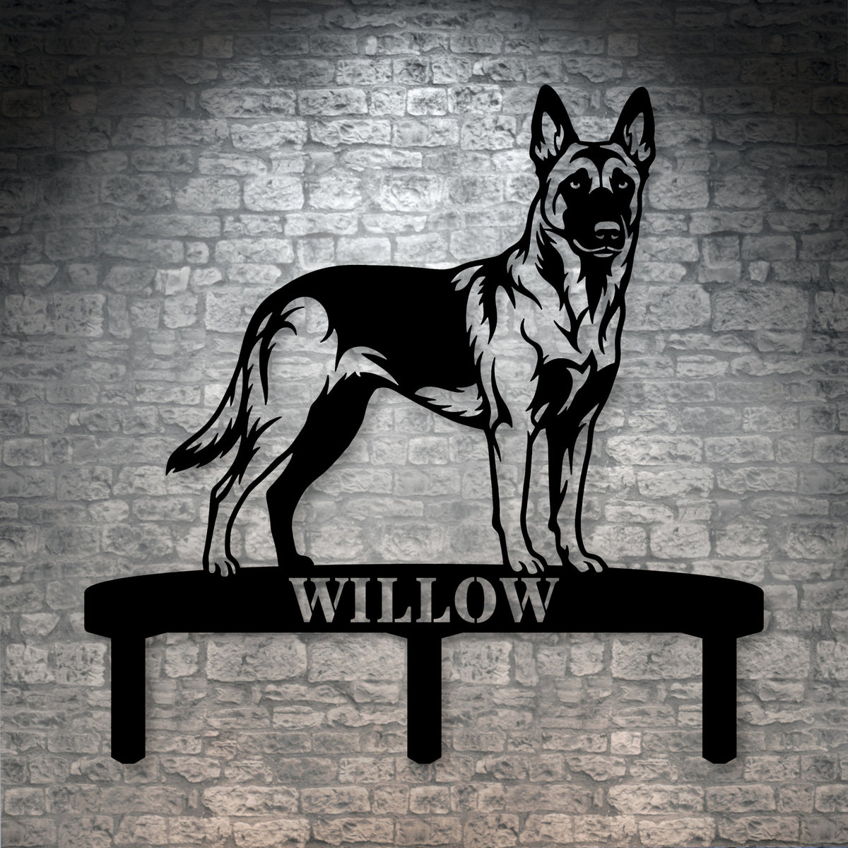 Personlig Belgisk Hyrdehund metalskilt til haven med hundenavn