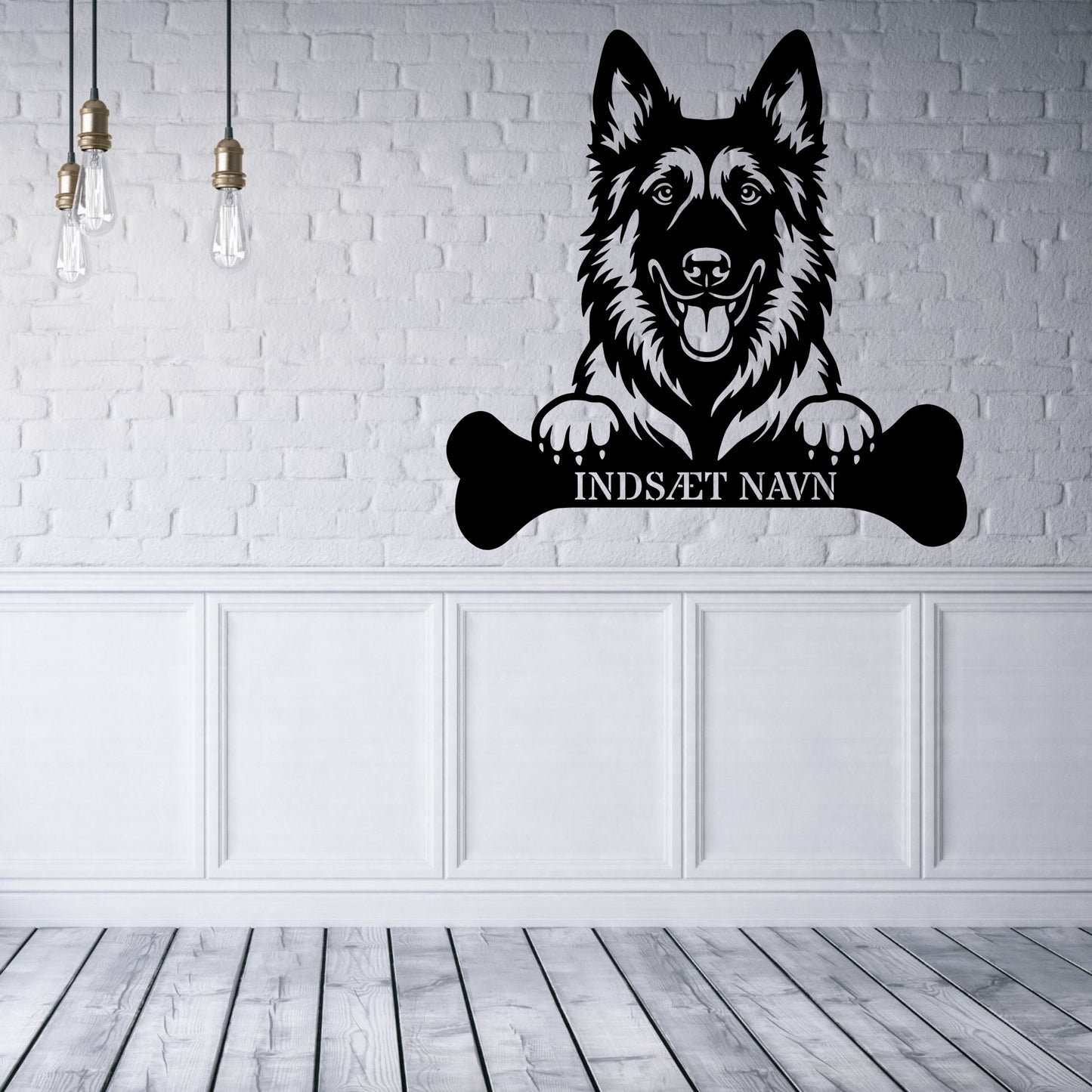 Belgisk Hyrdehund med kødben. Metalskilt med personlig navn