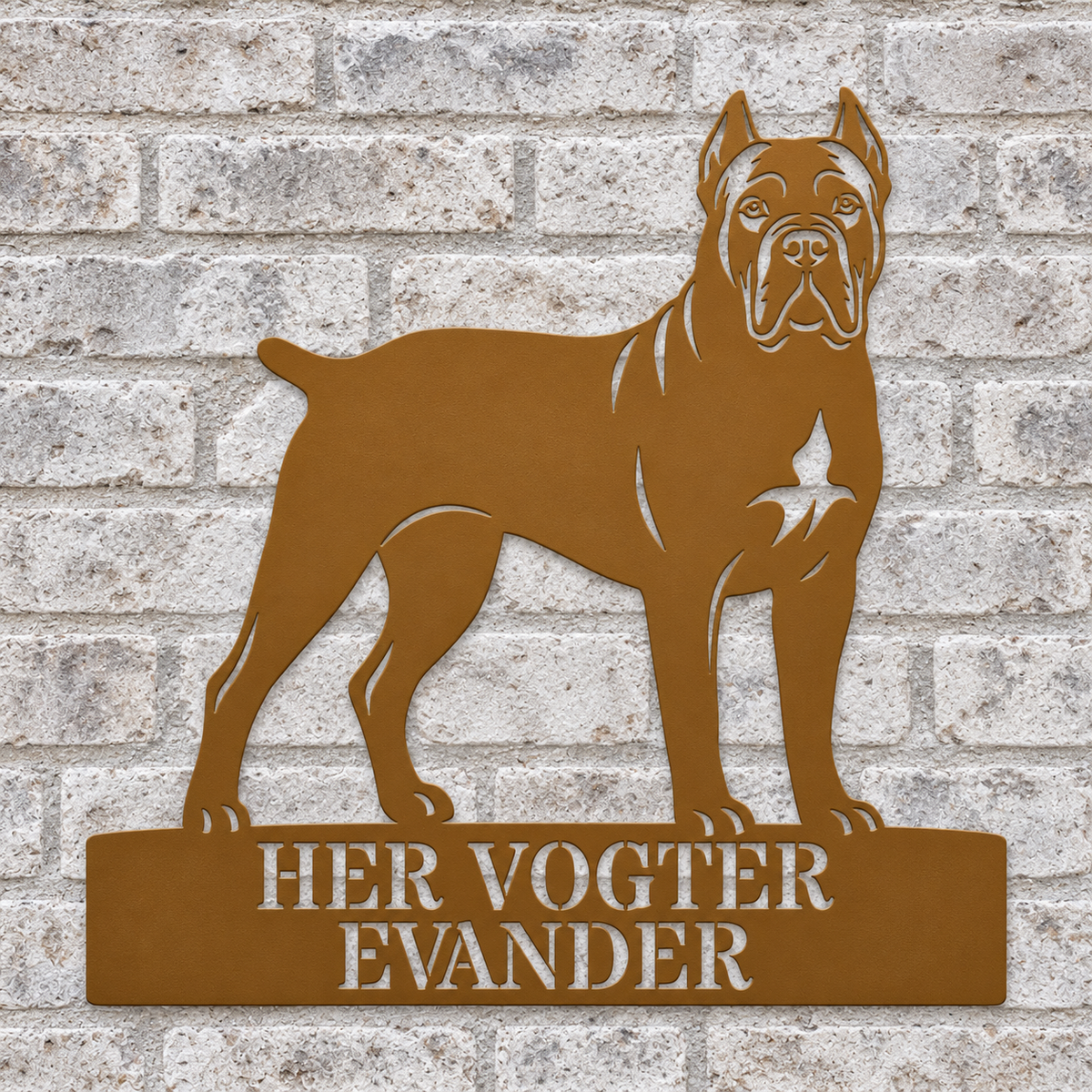 Her vogter jeg. Personlig Cane Corso metal navneskilt