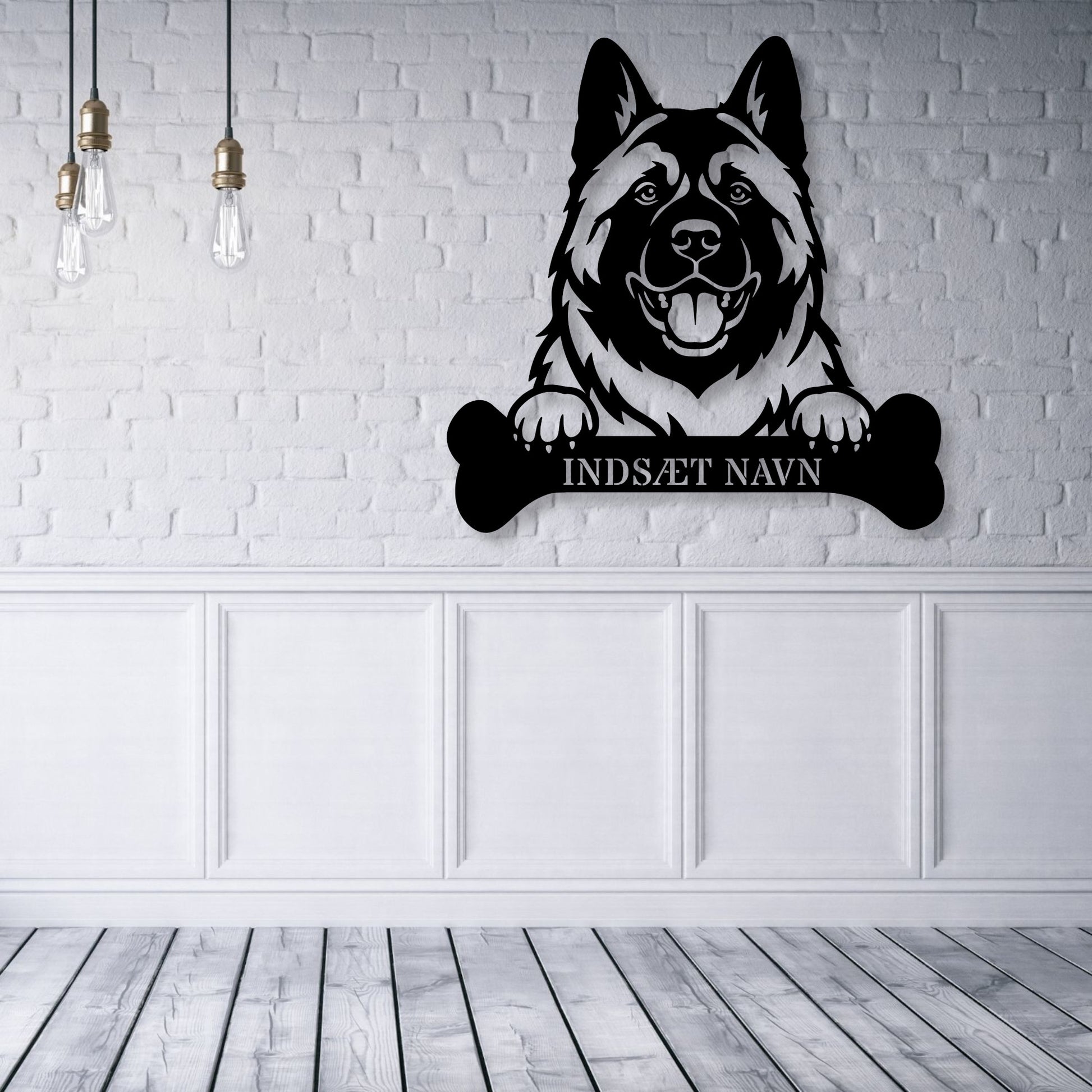 American Akita med kødben metalskilt med personlig navn