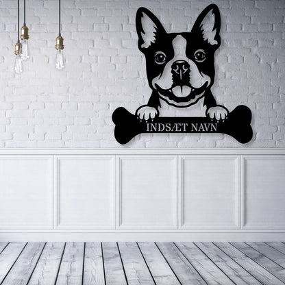 Boston terrier med kødben metalskilt med personlig navn