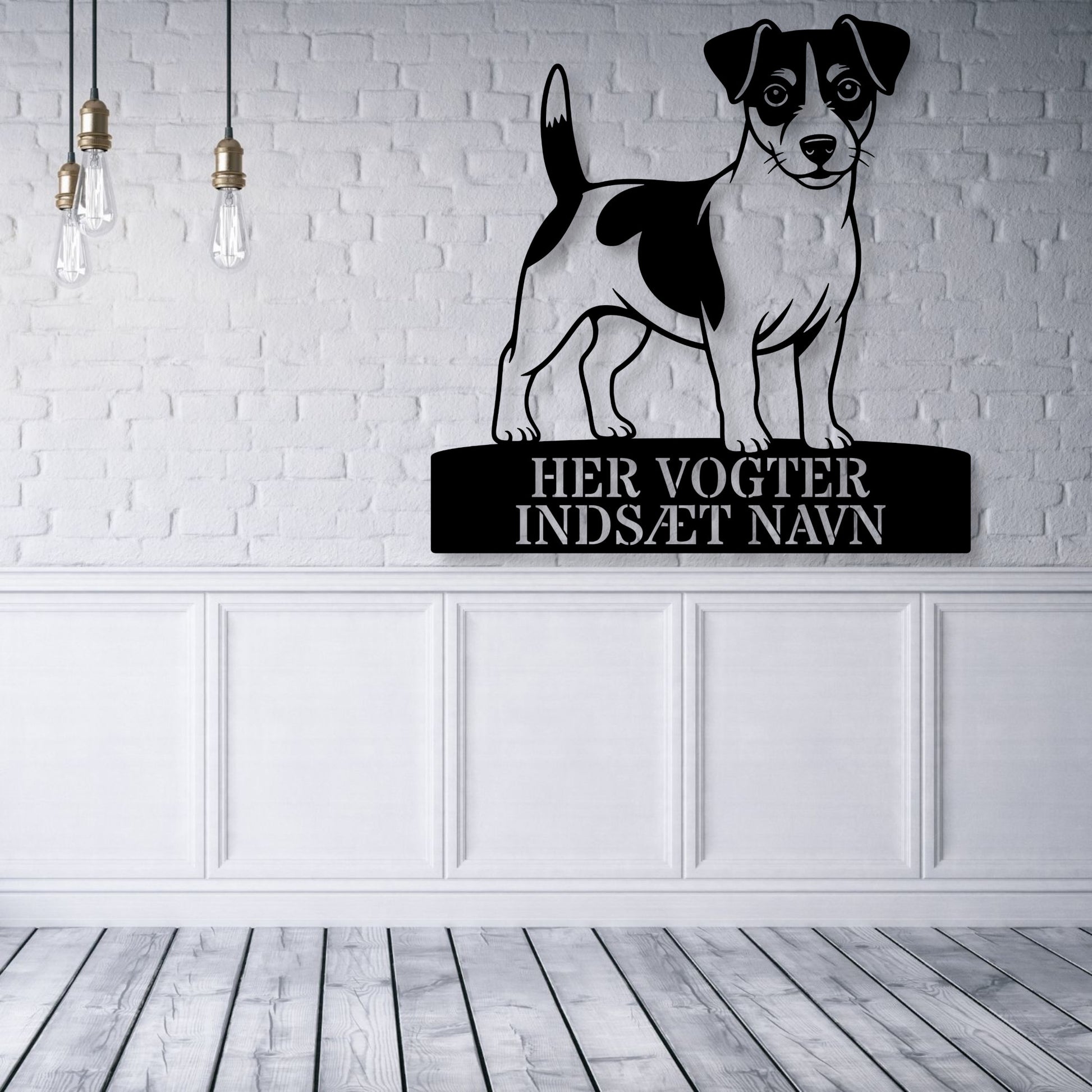 Her vogter jeg skilt. Personlig Jack Russell Terrier metal navneskilt med valgfri tekst.