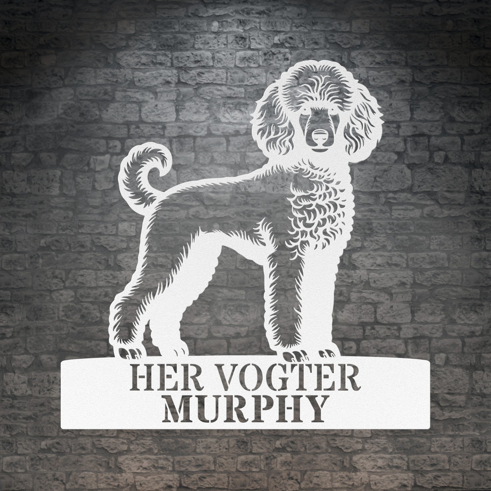 Puddel - Her vogter jeg metalskilt. Hunde navneskilt til huset