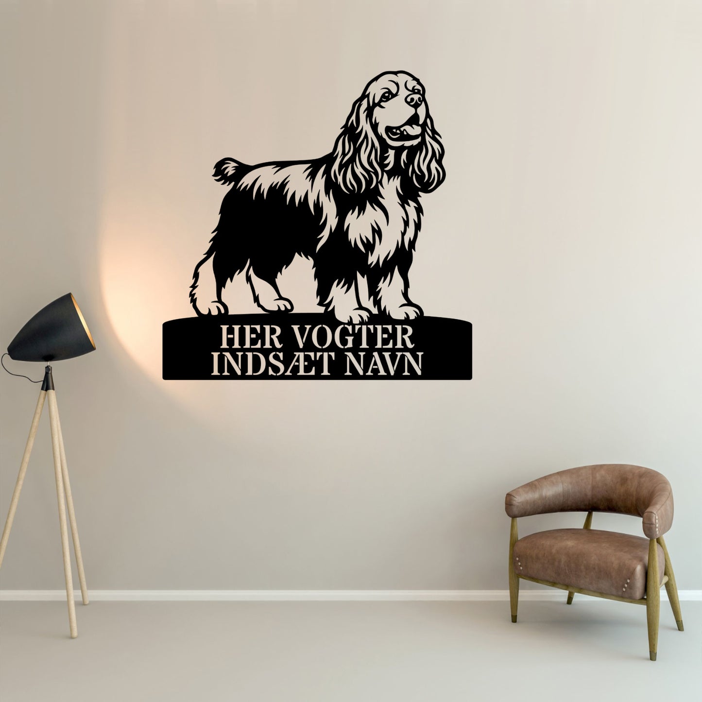 Her vogter jeg. Personlig Amerikansk cocker spaniel metal navneskilt