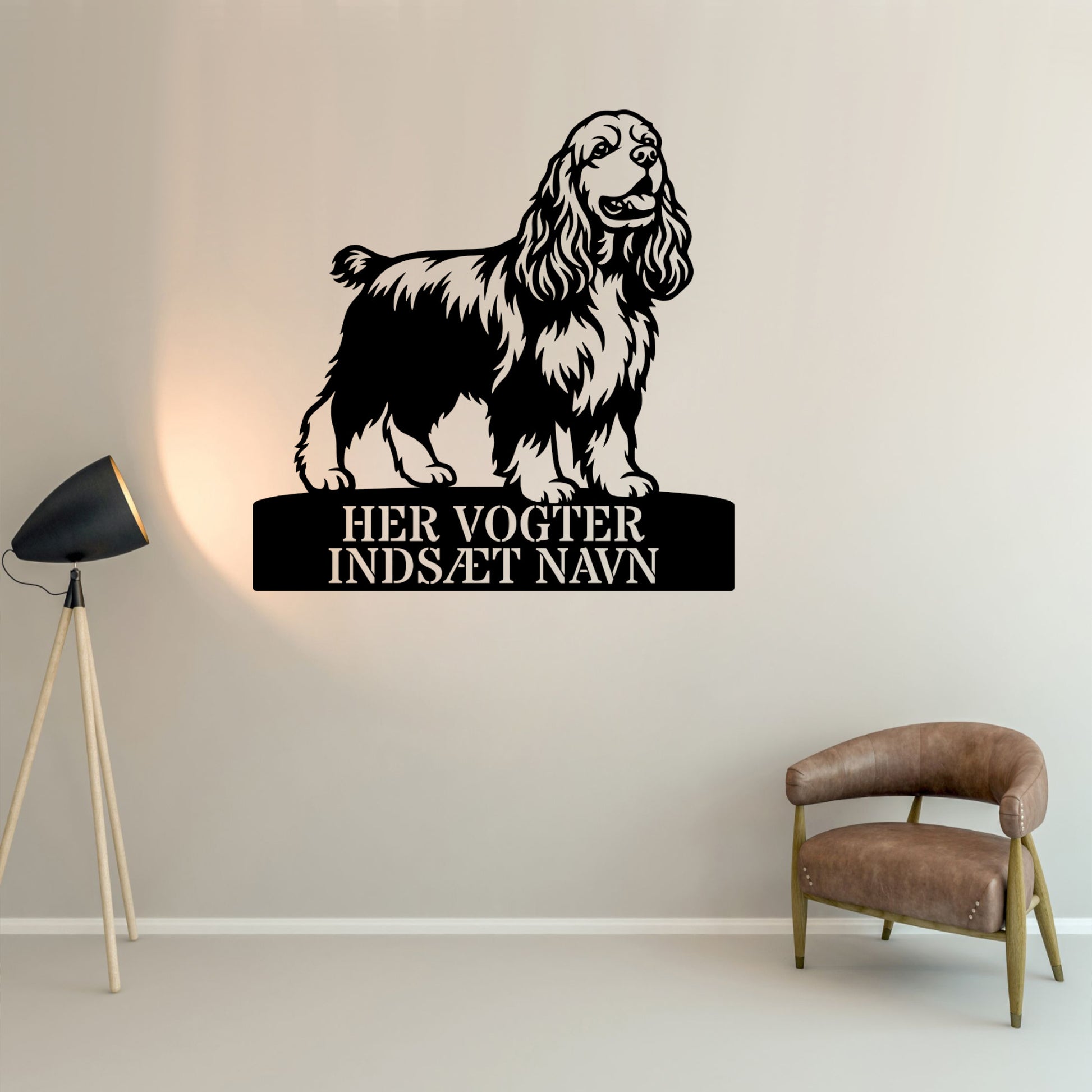 Her vogter jeg. Personlig Amerikansk cocker spaniel metal navneskilt