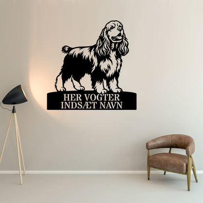 Her vogter jeg. Personlig Amerikansk cocker spaniel metal navneskilt
