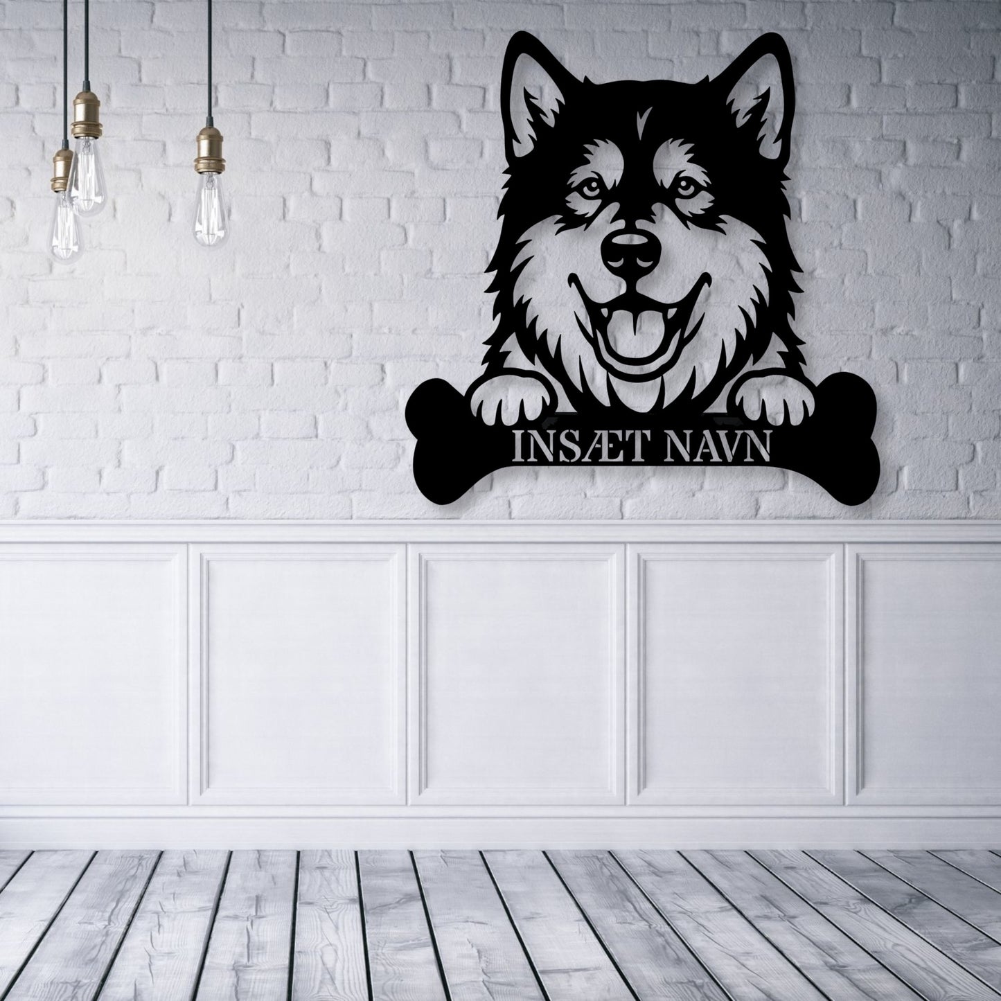 Alaskan Malamute med kødben metalskilt med personlig navn
