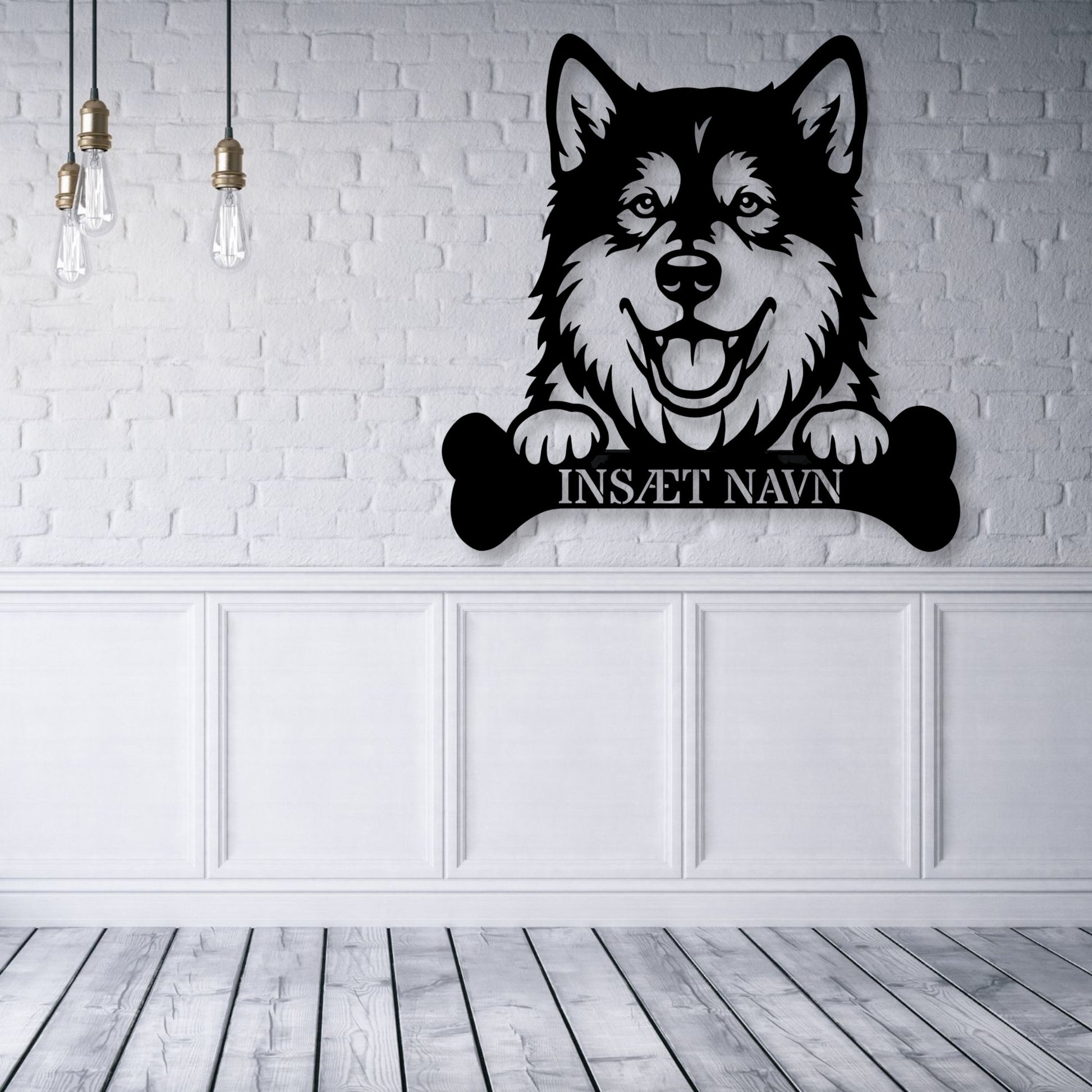 Alaskan Malamute med kødben metalskilt med personlig navn