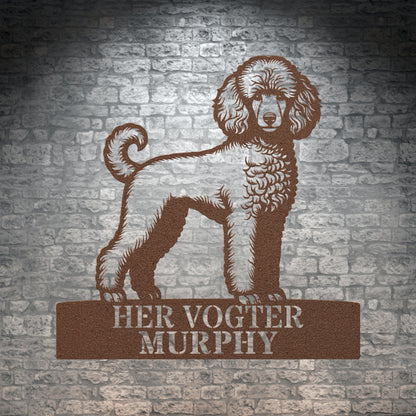 Puddel - Her vogter jeg metalskilt. Hunde navneskilt til huset