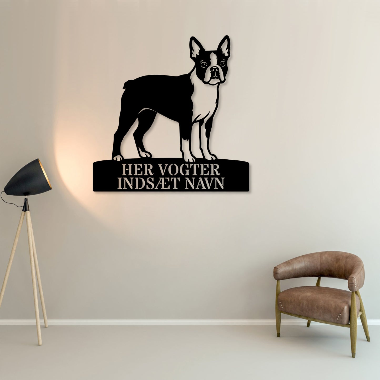 Her vogter jeg. Personlig boston terrier hunde metal navneskilt