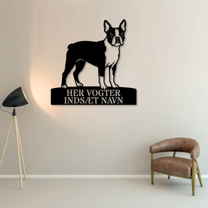 Her vogter jeg. Personlig boston terrier hunde metal navneskilt