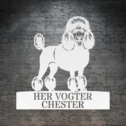 Unik her vogter jeg puddelhund metalskilt med personlig navn