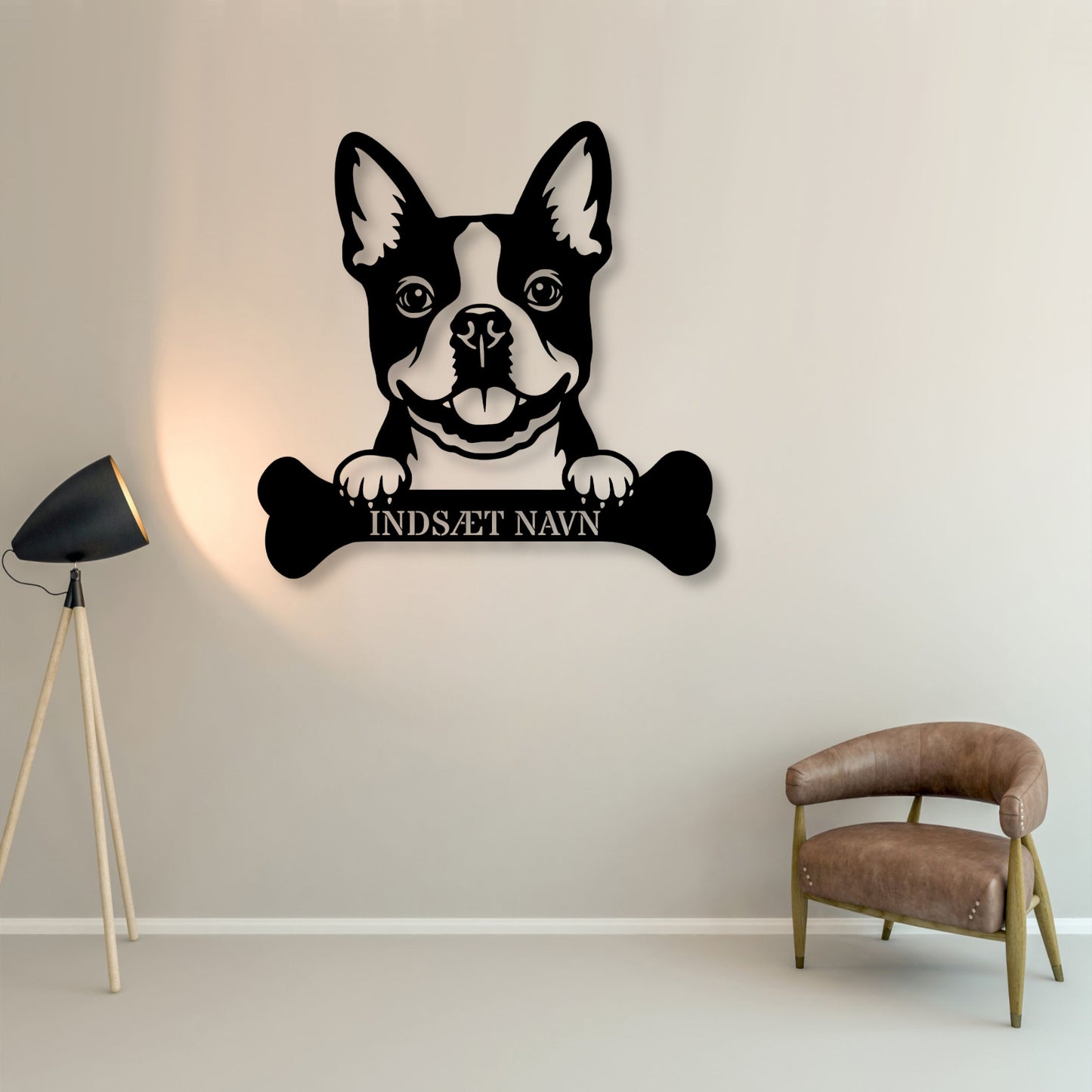 Boston terrier med kødben metalskilt med personlig navn