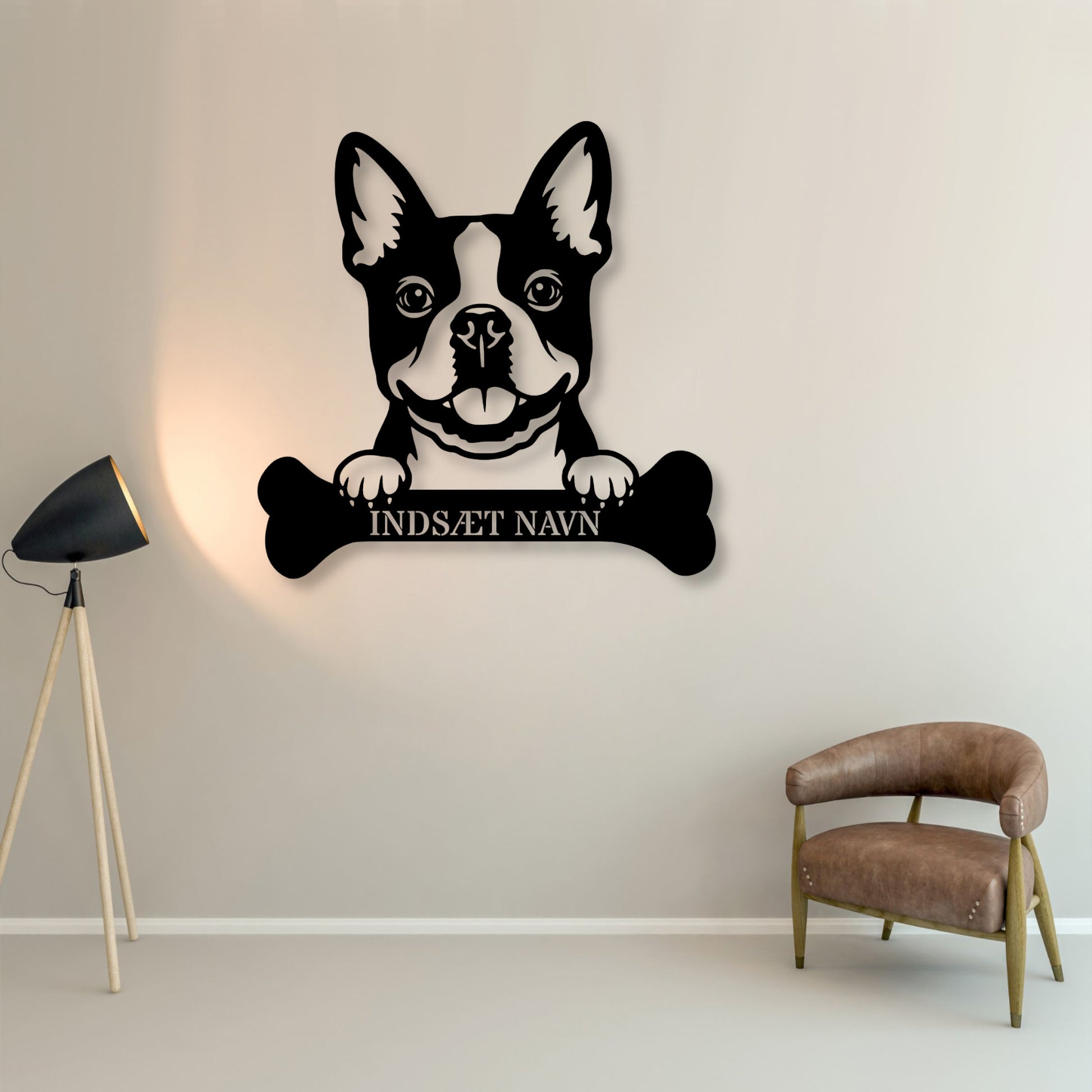Boston terrier med kødben metalskilt med personlig navn