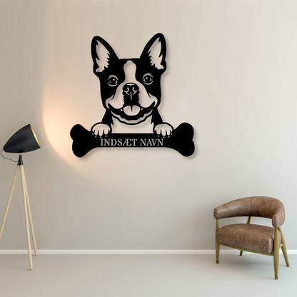 Boston terrier med kødben metalskilt med personlig navn