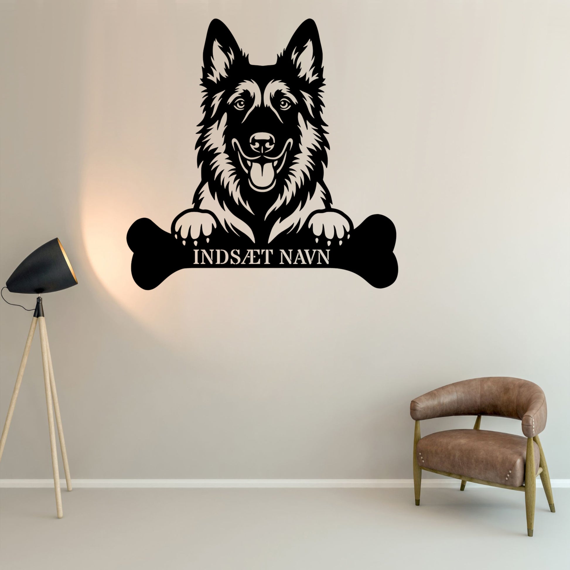 Belgisk Hyrdehund med kødben. Metalskilt med personlig navn