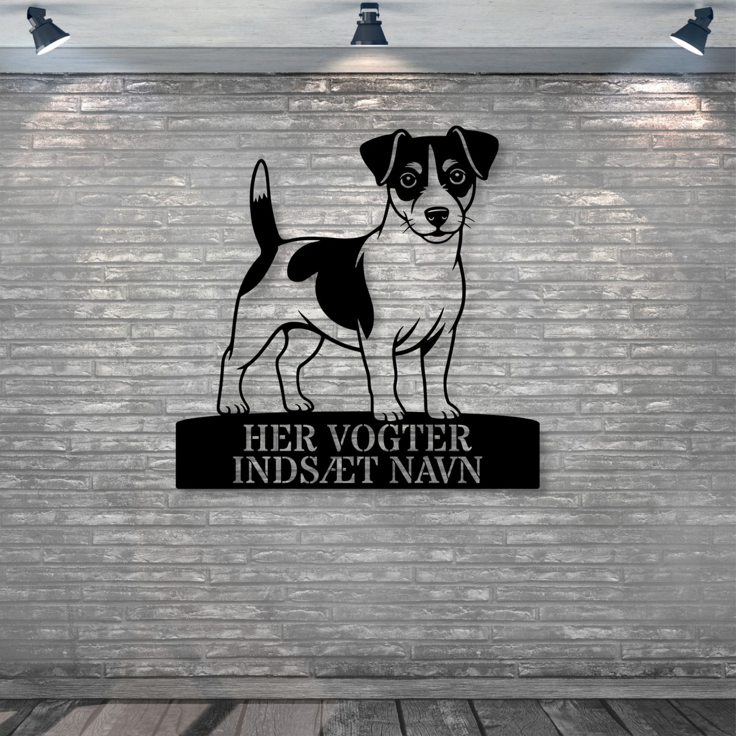 Her vogter jeg skilt. Personlig Jack Russell Terrier metal navneskilt med valgfri tekst.
