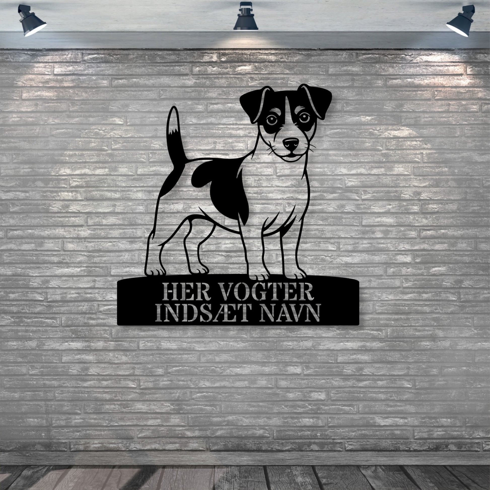 Her vogter jeg skilt. Personlig Jack Russell Terrier metal navneskilt med valgfri tekst.