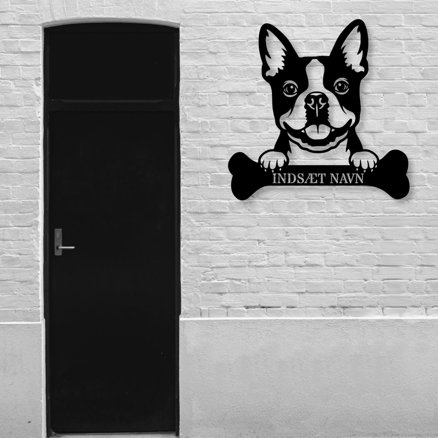 Boston terrier med kødben metalskilt med personlig navn
