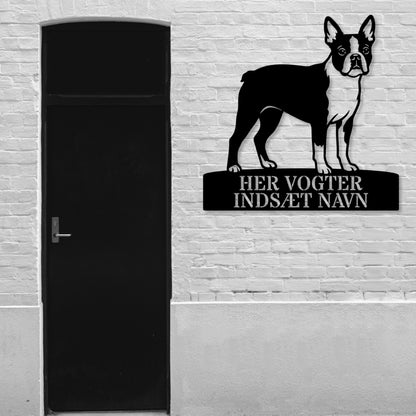 Her vogter jeg. Personlig boston terrier hunde metal navneskilt