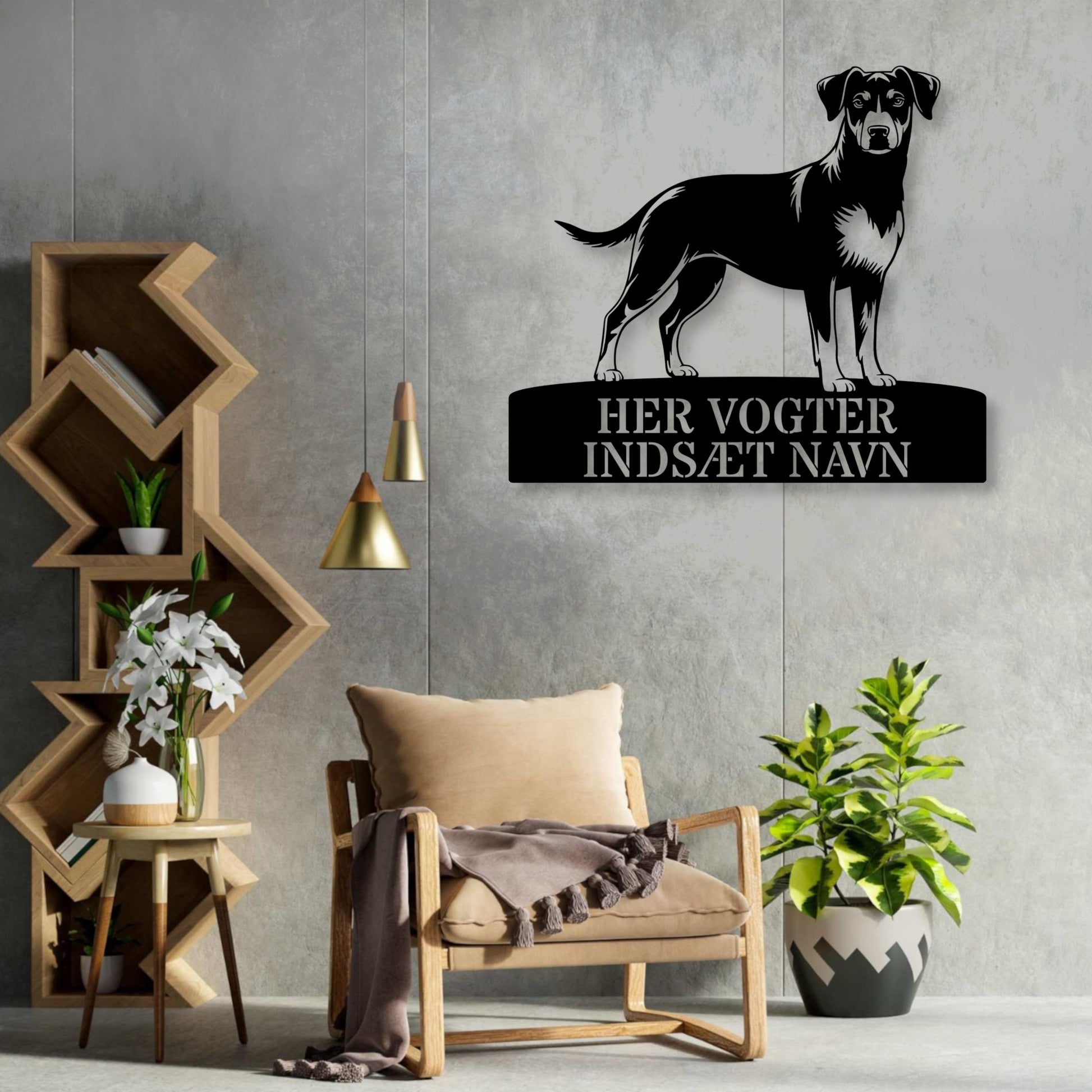 Her vogter jeg. Dansk-Svensk Gårdhund metalskilt med personlig navn. Unik hundeejer gaveide....