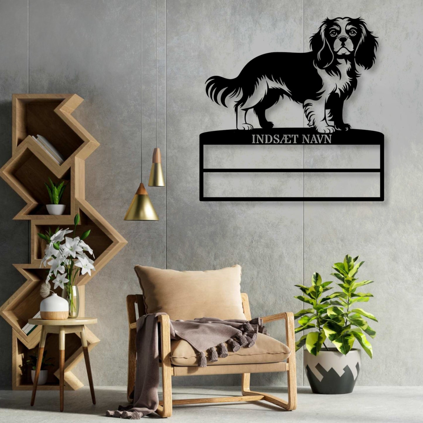 Stort laserskåret Cavalier King metalskilt med personlig navn til rosetter. Unik Gaveide til hundeejeren....