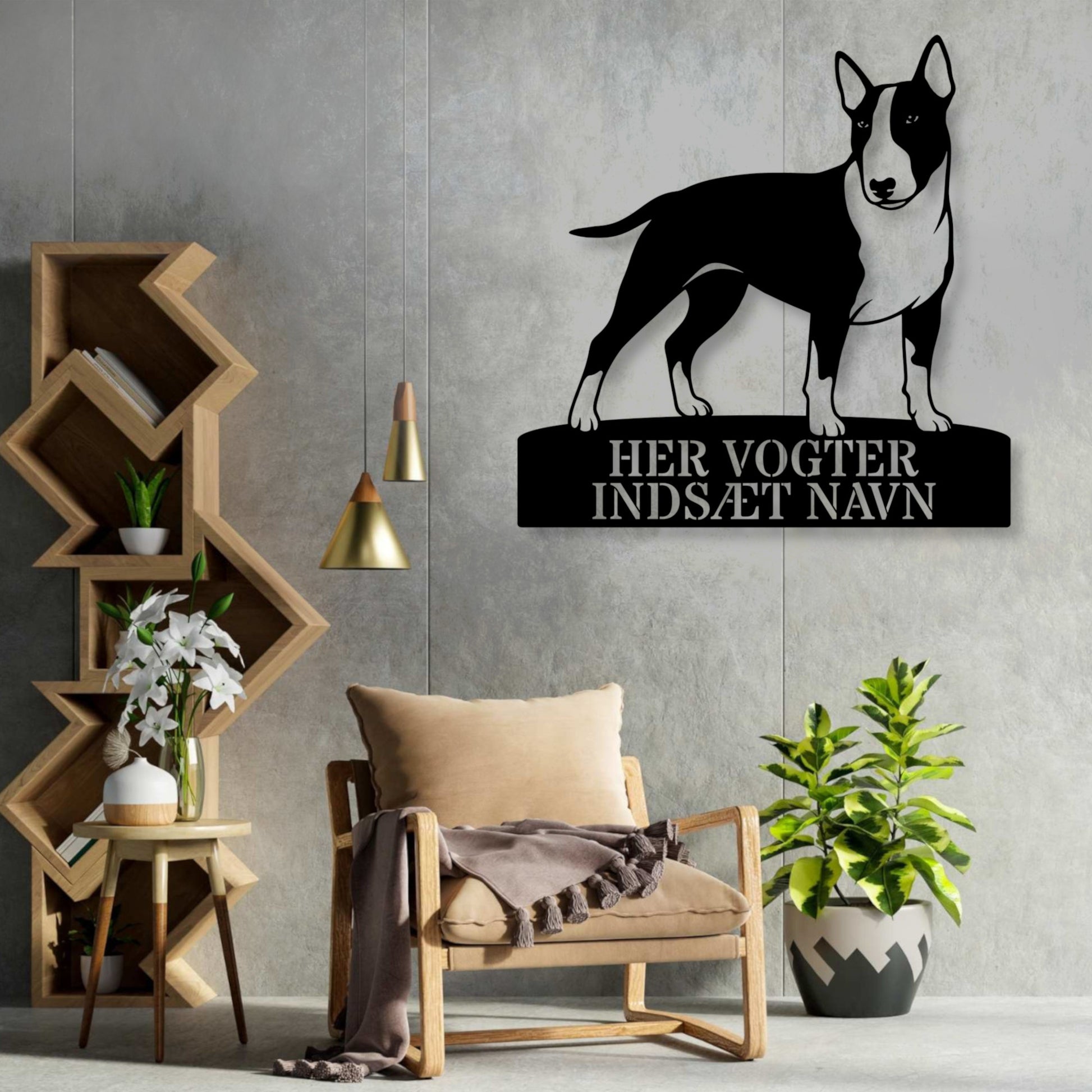 Her vogter jeg skilt. Personlig bull terrier metal navneskilt med valgfri tekst.
