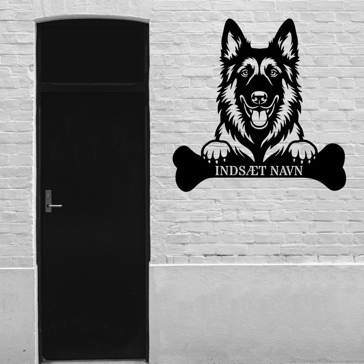 Belgisk Hyrdehund med kødben. Metalskilt med personlig navn